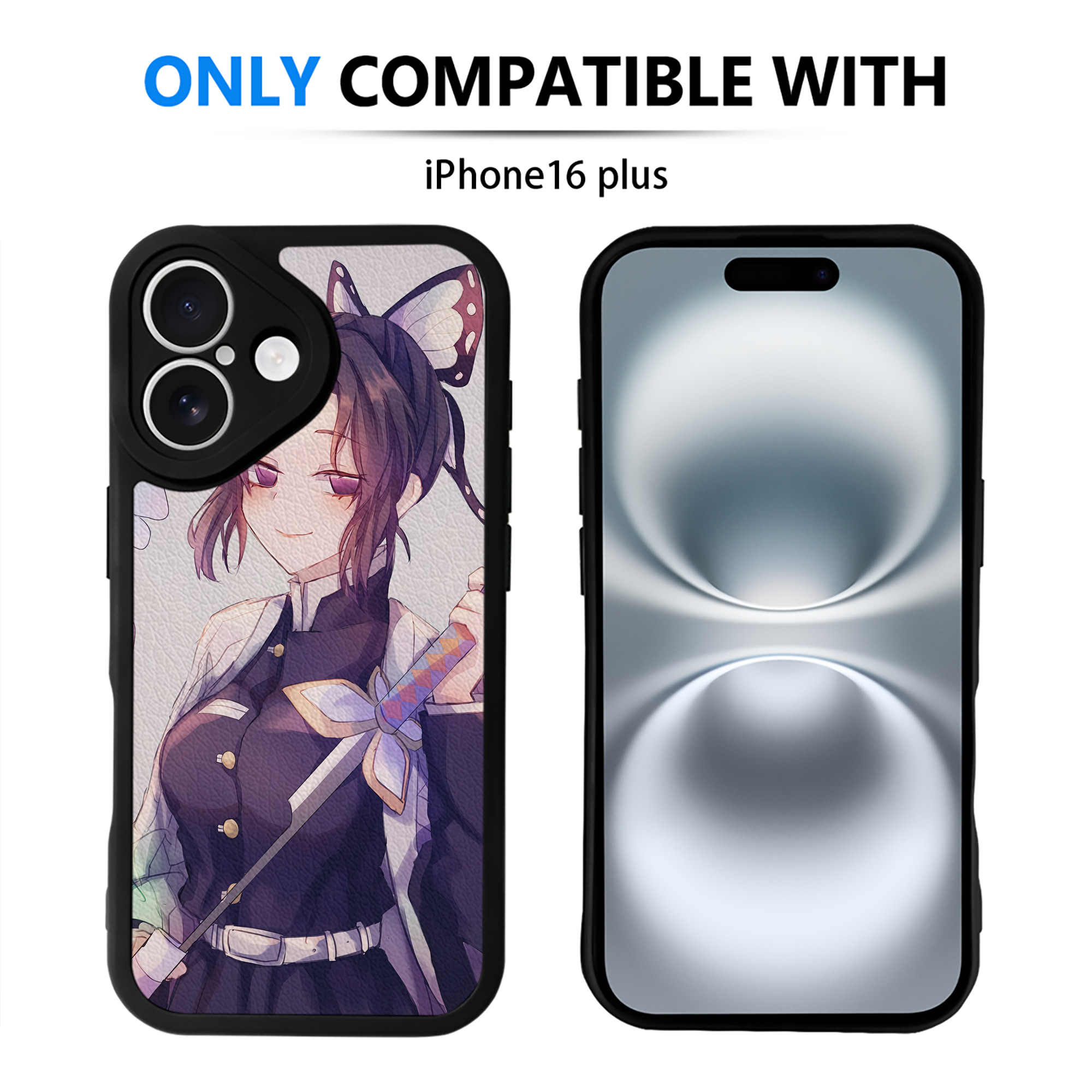 （画像用） 鬼滅の刃（きめつのやいば）蟲柱-胡蝶 しのぶ／こちょう しのぶ Kochou Shinobu 【iPhone 16シリーズ対応】シリコンスマホケース（レザー調） 材質：シリコン